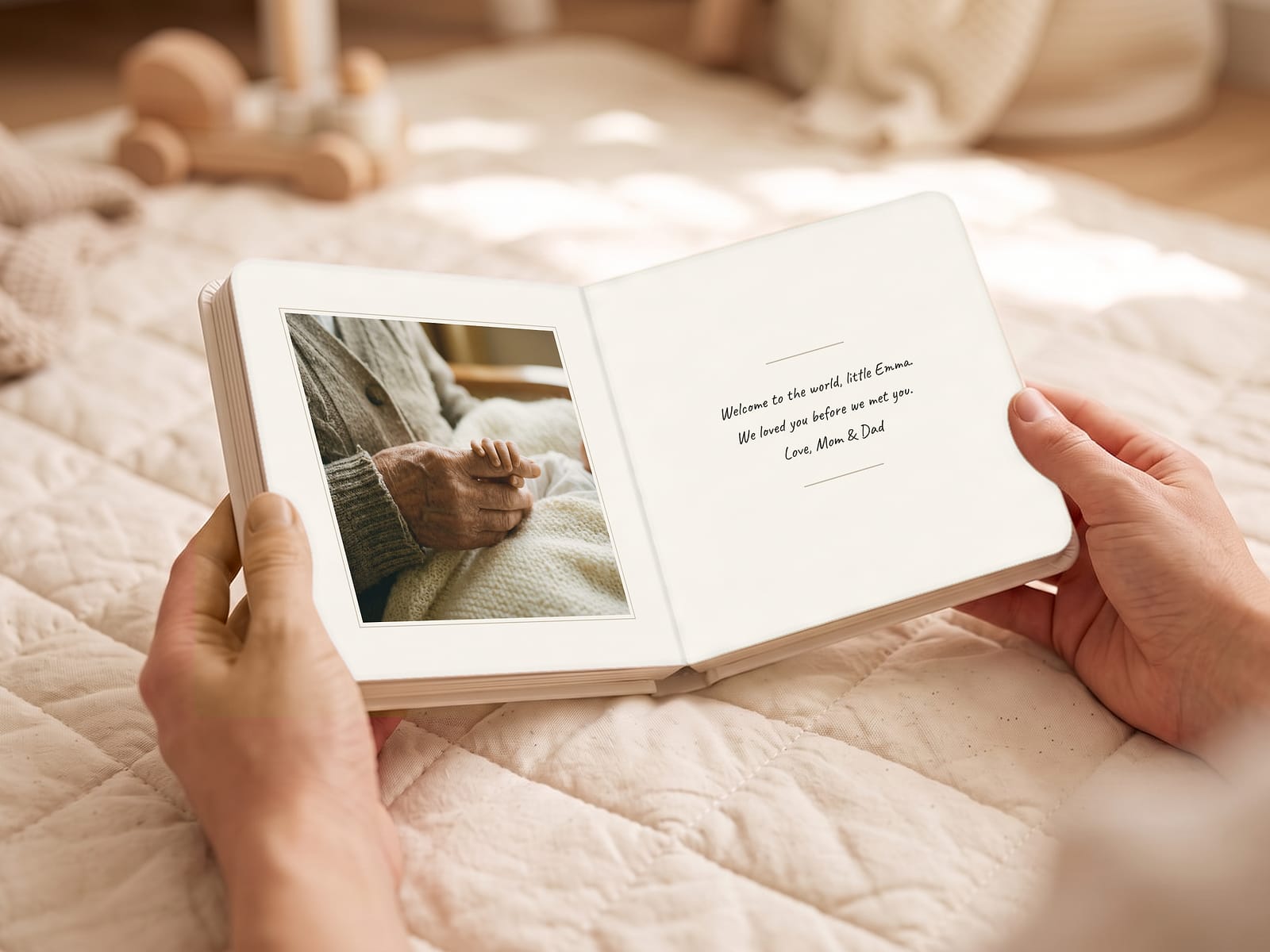 Illustrative mockup: the dedication spread held open, a family photo on the left page and the handwritten message on the right