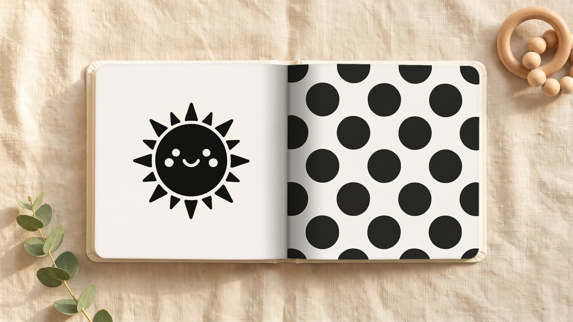 Imagen ilustrativa: el libro abierto, con un sol sonriente a la izquierda y lunares grandes a la derecha