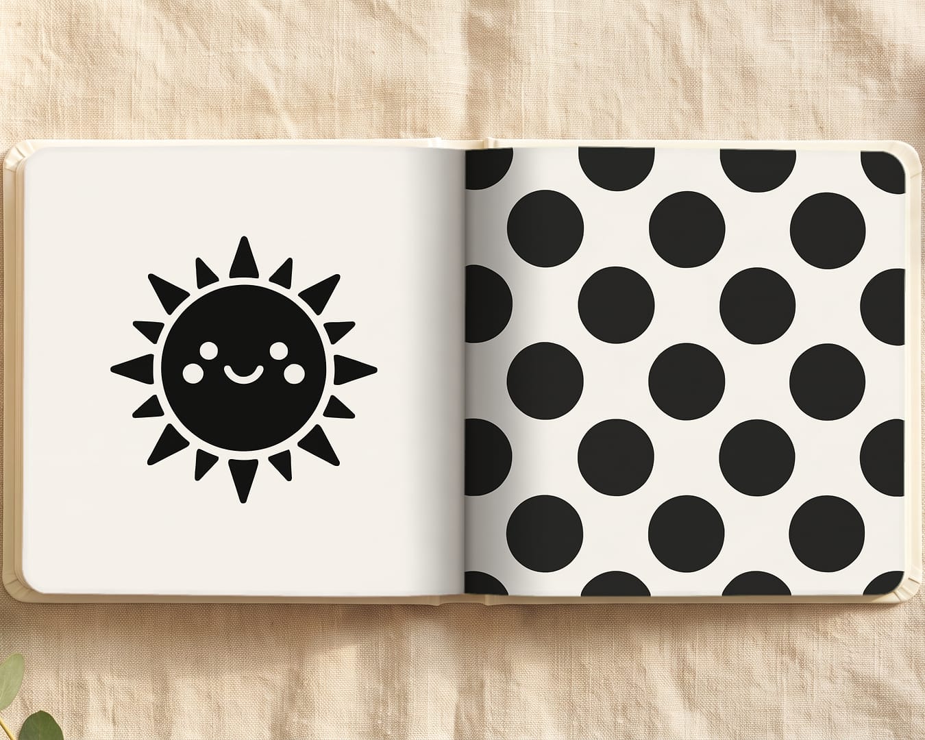 Imagen ilustrativa: el libro abierto, con un sol sonriente a la izquierda y lunares grandes a la derecha
