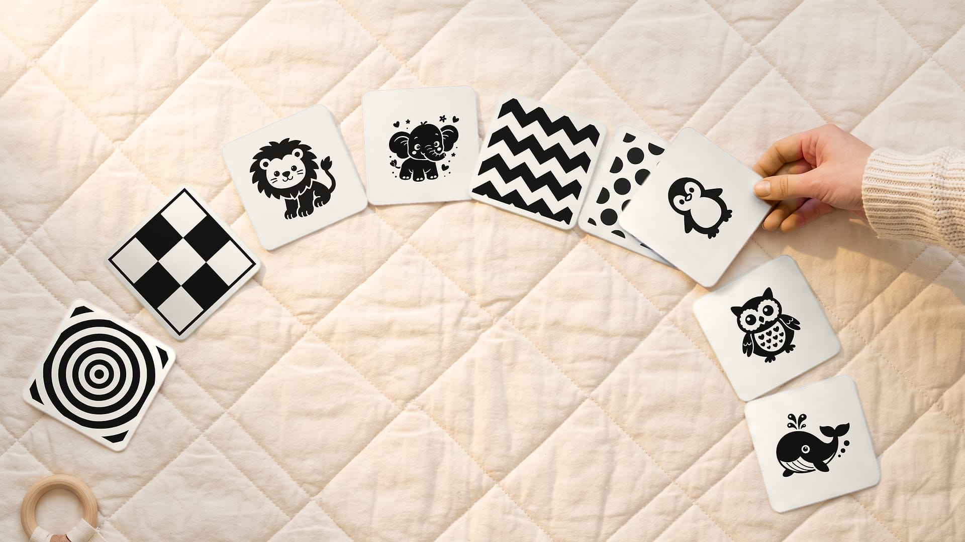 Printed black-and-white contrast cards laid out in an arc on a quilted play mat, a hand placing the penguin card
